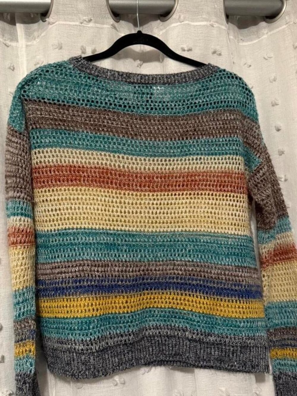 Boho Multicolor Stripe Open Knit Sweater Long Sleeve Crochet Pullover